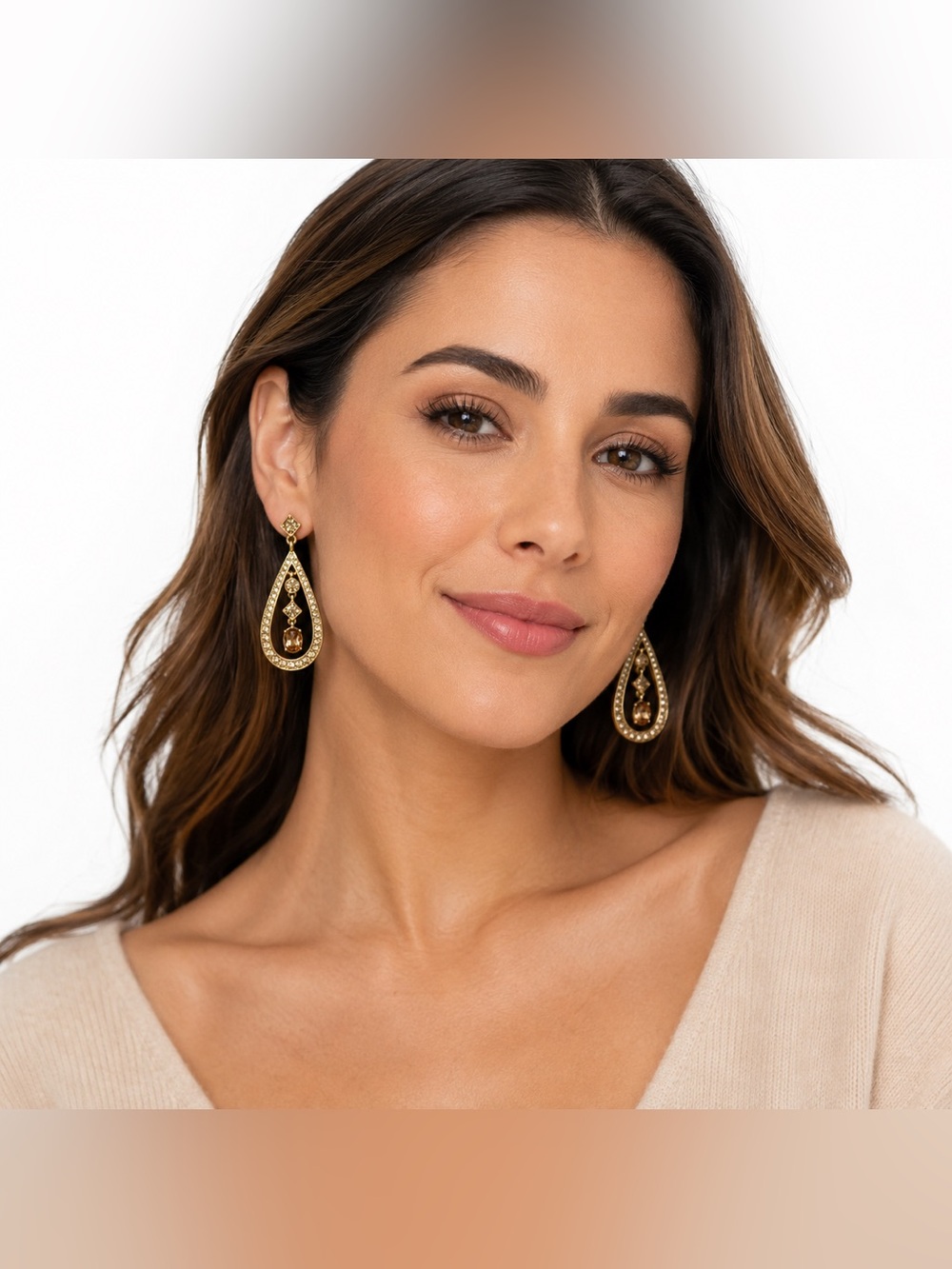 Monet Gold Tone Teardrop Dangle Champagne Crystal Rhinestone Statement Earrings